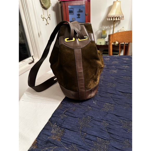 Celine Green-Brown Suede & Brown Leather Triomphe Bucket Shoulder Bag - Picture 2 of 16